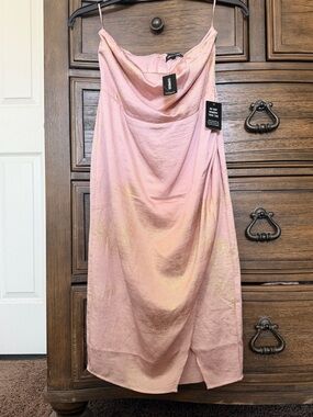 BRAND NEW Express Pink Satin Cowl Midi Dress with Gold Sheen